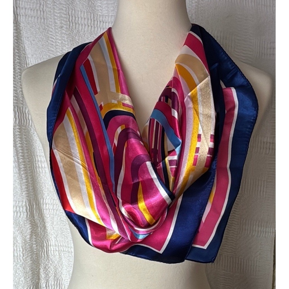 Vintage Style Pink Navy Blue Abstract Swirl Geometric Scarf 22in sq Neckerchief